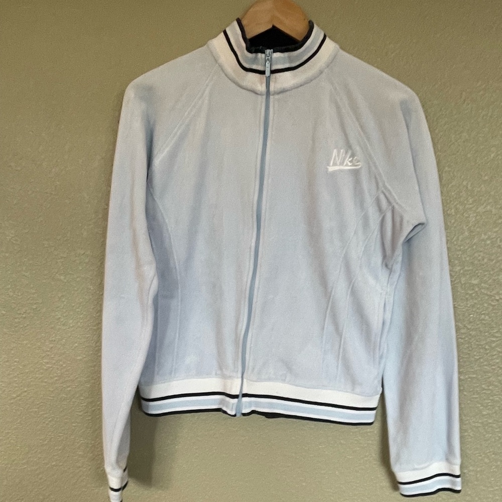90’s VINTAGE Nike Velour Tracksuit Ice Blue with striped waistbands & wristbands